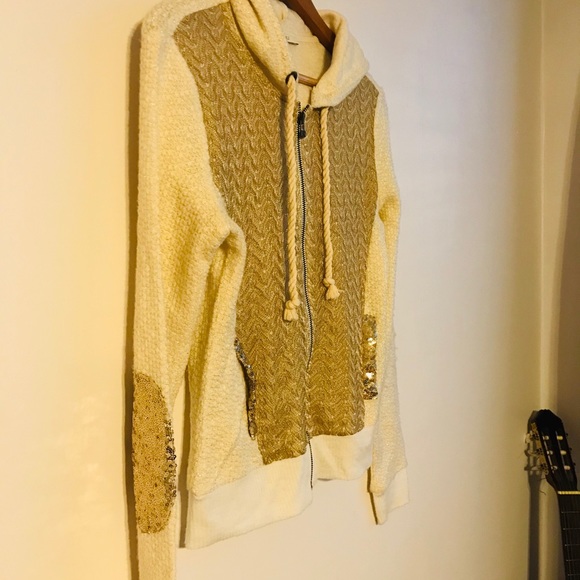 Miss Me Small Gold Ivory Cream Zip Hooded Sweater - Picture 6 of 8